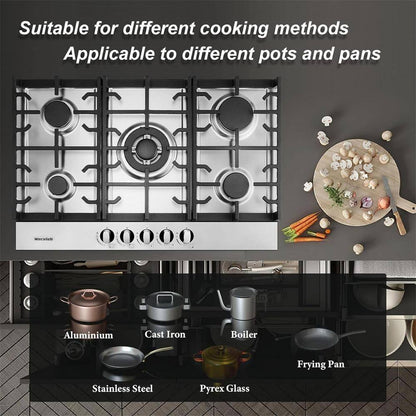 30 In. Built-In Gas Cooktop in Stainless Steel with 5 Burners, LPG/NG Dual Fuel