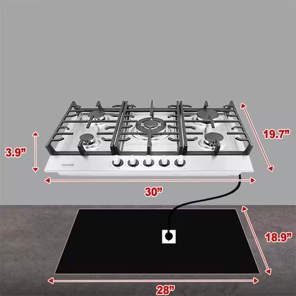 30 In. Built-In Gas Cooktop in Stainless Steel with 5 Burners, LPG/NG Dual Fuel