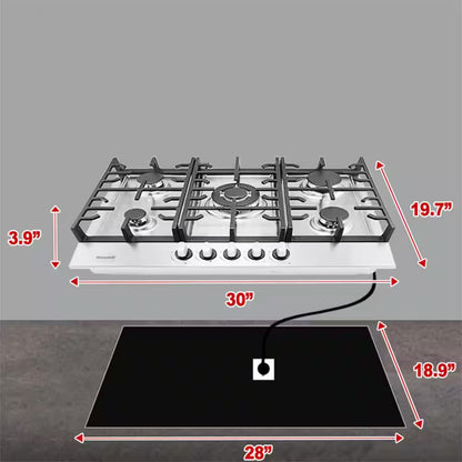 30 In. Built-In Gas Cooktop in Stainless Steel with 5 Burners, LPG/NG Dual Fuel