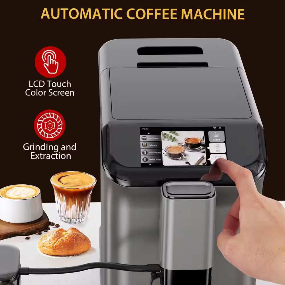 2 Cup 20 Bar Touch Screen All-In-One Espresso Machine in Silver with Built-In Grinder and Automatic Milk Frother