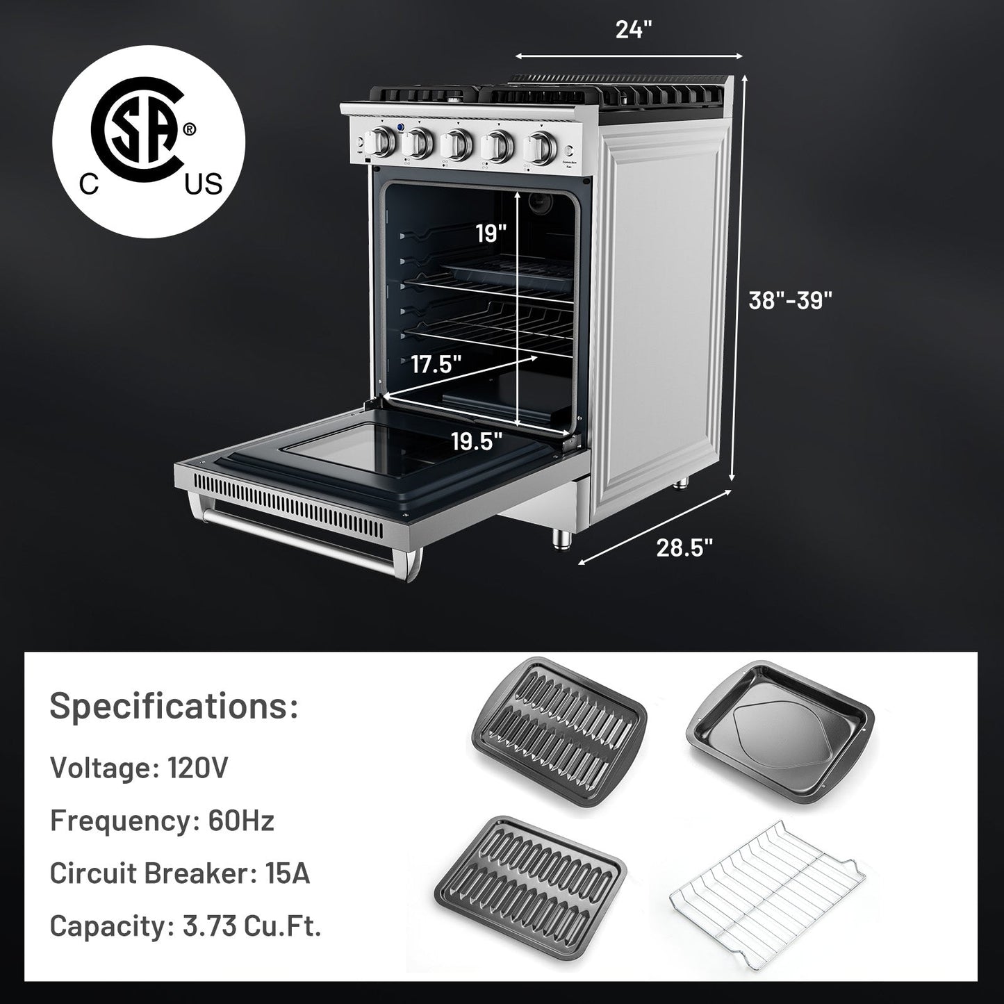 24 Inches Freestanding Natural Gas Range with 4 Burners Cooktop