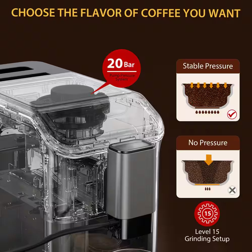 2 Cup 20 Bar Touch Screen All-In-One Espresso Machine in Silver with Built-In Grinder and Automatic Milk Frother