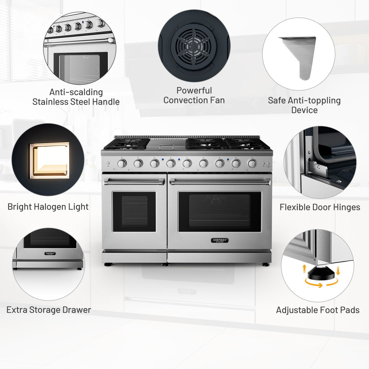 48 Inches Freestanding Natural Gas Range with 7 Burners Cooktop