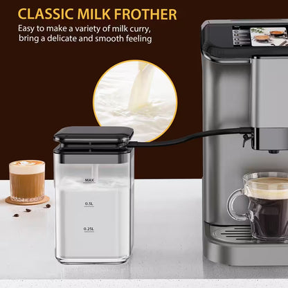2 Cup 20 Bar Touch Screen All-In-One Espresso Machine in Silver with Built-In Grinder and Automatic Milk Frother