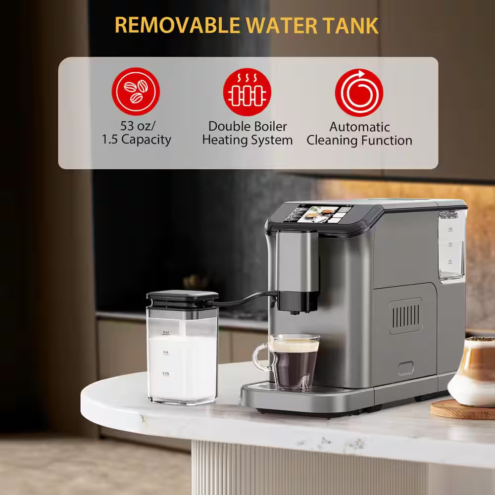 2 Cup 20 Bar Touch Screen All-In-One Espresso Machine in Silver with Built-In Grinder and Automatic Milk Frother