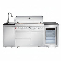 Outdoor Kitchen Island with Built in Grill, 6 Burner 83500 BTU Stainless Steel Gas Barbecue Island, Patio Cooking Station with Sink & Wine Cooler, Built in Grill Island for Backyard (Silver)