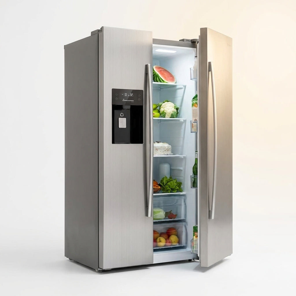 French Door Refrigerator with Side Freezer, Nugget and Cube Ice Maker, Adjustable Thermostat, 20 Cu. Ft., Stainless Steel — Studio Shot
