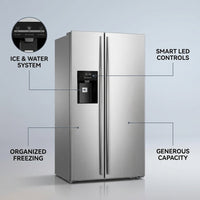 French Door Refrigerator with Side Freezer, Nugget and Cube Ice Maker, Adjustable Thermostat, 20 Cu. Ft., Stainless Steel — infographic