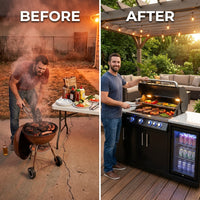Outdoor Kitchen Island Built to Transform Backyard Cooking, Black Stainless Steel, Compact Refrigerator, Gas Grill — Before & After