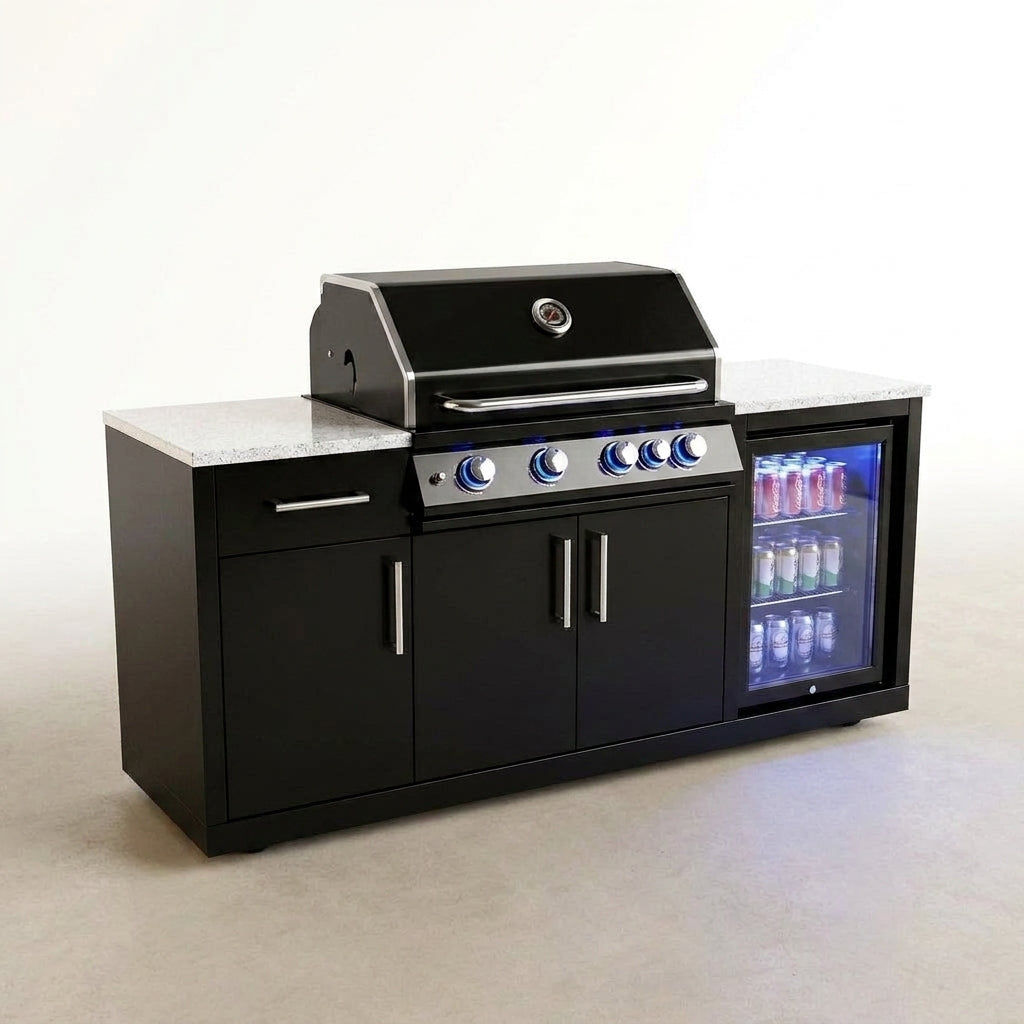 Outdoor Kitchen Island Built to Transform Backyard Cooking, Black Stainless Steel, Compact Refrigerator, Gas Grill — Studio Shot