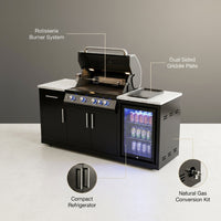 Outdoor Kitchen Island Built to Transform Backyard Cooking, Black Stainless Steel, Compact Refrigerator, Gas Grill — infographic