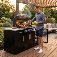 Outdoor Kitchen Island Built to Transform Backyard Cooking, Black Stainless Steel, Compact Refrigerator, Gas Grill — Lifestyle