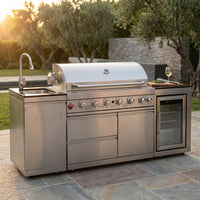Outdoor Kitchen Island with Built in Grill, 6 Burner 83500 BTU Stainless Steel Gas Barbecue Island, Patio Cooking Station with Sink & Wine Cooler, Built in Grill Island for Backyard (Silver) — Studio Shot