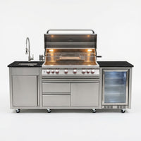 Outdoor Kitchen Island with Built in Grill, 6 Burner 83500 BTU Stainless Steel Gas Barbecue Island, Patio Cooking Station with Sink & Wine Cooler, Built in Grill Island for Backyard (Silver) — Studio Shot