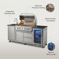 Outdoor Kitchen Island with Built in Grill, 6 Burner 83500 BTU Stainless Steel Gas Barbecue Island, Patio Cooking Station with Sink & Wine Cooler, Built in Grill Island for Backyard (Silver) — infographic