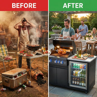 Premium 70"W Black Stainless Steel Outdoor Kitchen Island BBQ Gas Grill with Compact Refrigerator & Rotisserie Burner + Dual Sided Griddle Plate + Charcoal Tray + Natural Gas Conversion Kit — Before & After