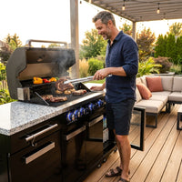 Premium 70"W Black Stainless Steel Outdoor Kitchen Island BBQ Gas Grill with Compact Refrigerator & Rotisserie Burner + Dual Sided Griddle Plate + Charcoal Tray + Natural Gas Conversion Kit — Lifestyle