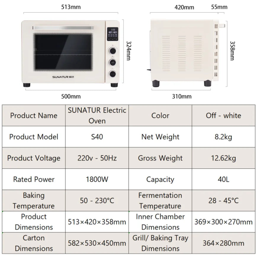 SUNATUR Home Electric Oven 40L 1800W Convection Hot Air Circulation Oven Multifunctional Pizza Cake Bread Baking Machine