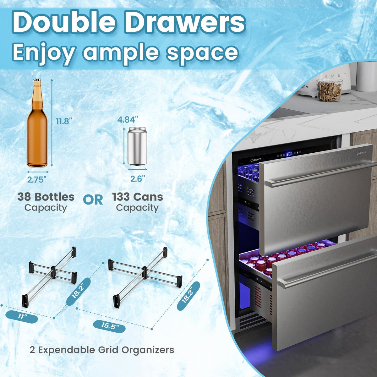 24 Inch Under Counter Dual Drawer Fridge with 37‚Ñâ-64‚Ñâ Temperature Range-Silver