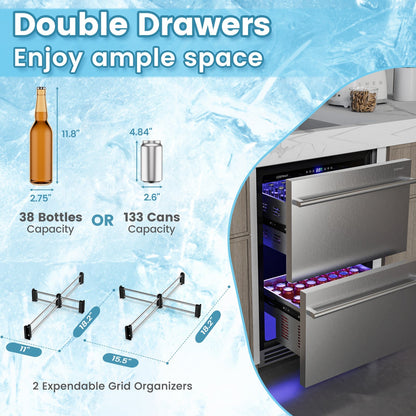24 Inch Under Counter Dual Drawer Fridge with 37‚Ñâ-64‚Ñâ Temperature Range-Silver