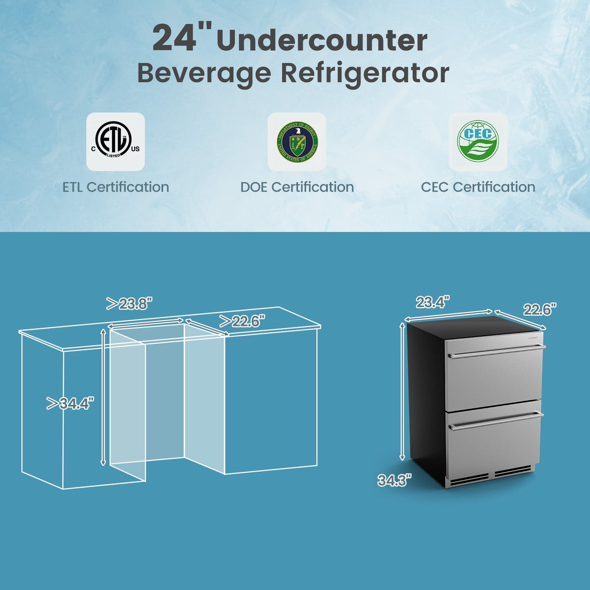 24 Inch Under Counter Dual Drawer Fridge with 37‚Ñâ-64‚Ñâ Temperature Range-Silver