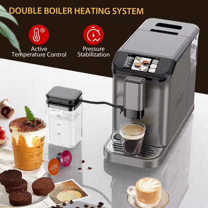 2 Cup 20 Bar Touch Screen All-In-One Espresso Machine in Silver with Built-In Grinder and Automatic Milk Frother