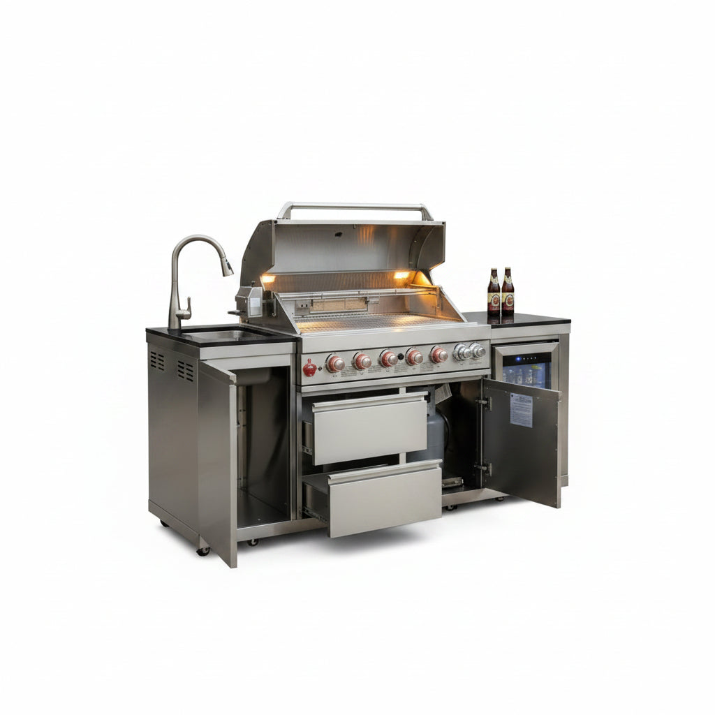 82-Inch 6-Burner Gas Grill 85,000 BTU Outdoor Kitchen Barbecue | Stainless Steel Grill Island with Sink, Storage Cabinets, and Wine Refrigerator,Backyard, Patio, Lawn, Silver