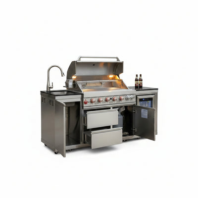 82-Inch 6-Burner Gas Grill 85,000 BTU Outdoor Kitchen Barbecue | Stainless Steel Grill Island with Sink, Storage Cabinets, and Wine Refrigerator,Backyard, Patio, Lawn, Silver