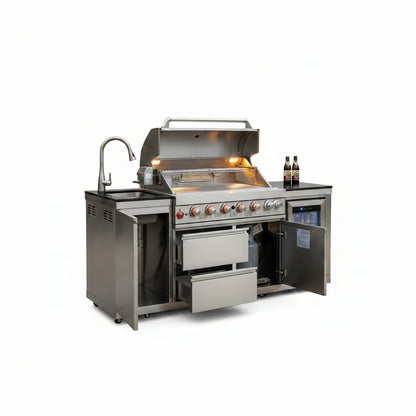 82-Inch 6-Burner Gas Grill 85,000 BTU Outdoor Kitchen Barbecue | Stainless Steel Grill Island with Sink, Storage Cabinets, and Wine Refrigerator,Backyard, Patio, Lawn, Silver